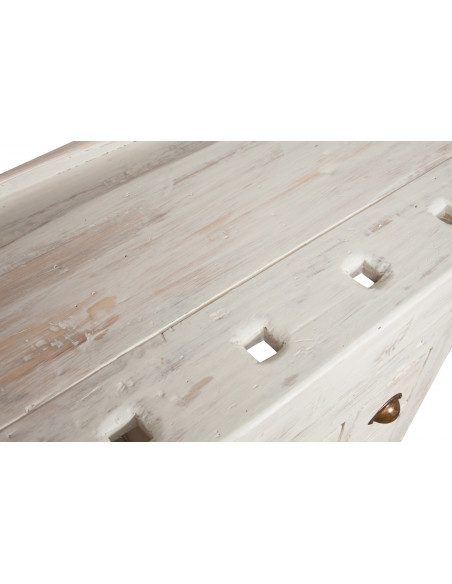 Banco da lavoro Country in legno massello di tiglio finitura bianca anticata: foto particolare piano di lavoro - Biscottini.it