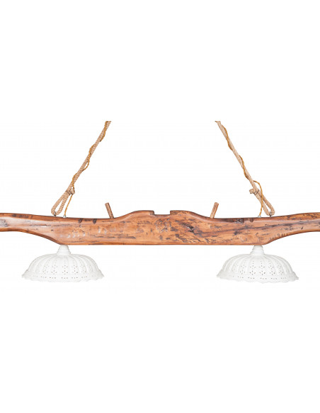 Giogo lampadario in legno massello di tiglio finitura noce: foto vista centrale con paralumi- Biscottini.it