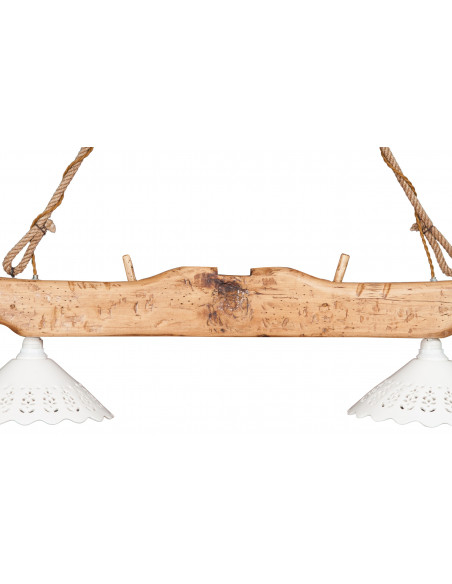 Giogo lampadario in legno massello di tiglio finitura naturale: foto vista centrale con paralumi - Biscottini.it