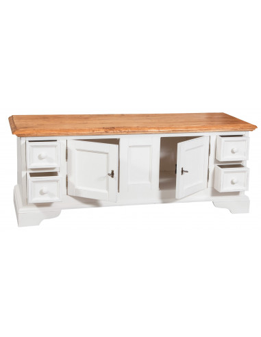 Móvel de TV em madeira maciça de cal com estrutura branca antiga e tampo com acabamento natural 150x51x56 cm -Biscottini.it Móvel de TV em madeira maciça de cal com estrutura branca antiga e tampo com acabamento natural 150x51x56 cm -Biscottini.it