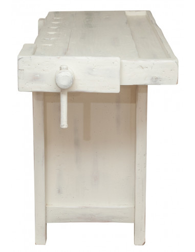 Banco da lavoro Country in legno massello di tiglio finitura bianca anticata:foto particolare laterale con morsa - Biscottini.it Banco da lavoro Country in legno massello di tiglio finitura bianca anticata:foto particolare laterale con morsa - Biscottini.it