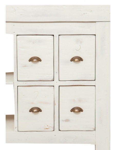 Banco da lavoro Country in legno massello di tiglio finitura bianca anticata: foto particolare cassetti - Biscottini.it