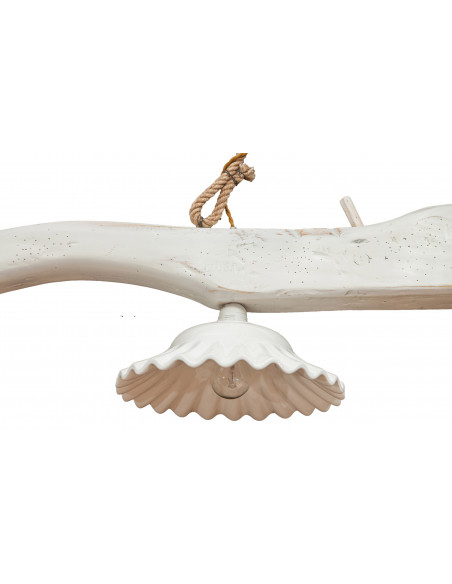 Giogo lampadario in legno massello di tiglio bianca anticata: foto particolare interno paralume - Biscottini.it
