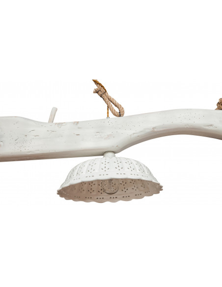 Giogo lampadario in legno massello di tiglio finitura bianca anticata: foto particolare paralume ceramica - Biscottini.it