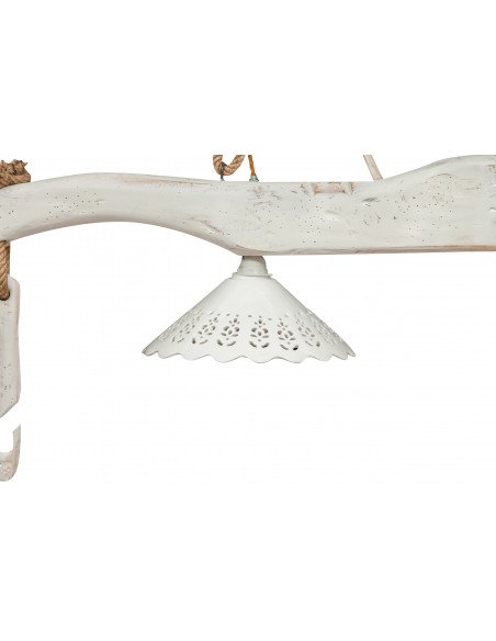 Giogo lampadario in legno massello di tiglio finitura bianca anticata : foto particolare paralume ceramica - Biscottini.it