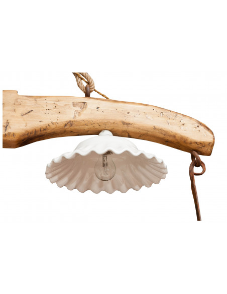 Giogo lampadario in legno massello di tiglio finitura naturale: foto vista interno paralume ceramica - Biscottini.it