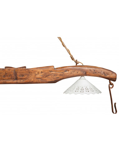 Giogo lampadario in legno massello di tiglio finitura noce: foto vista paralume ceramica e gancio ferro - Biscottini.it Giogo lampadario in legno massello di tiglio finitura noce: foto vista paralume ceramica e gancio ferro - Biscottini.it