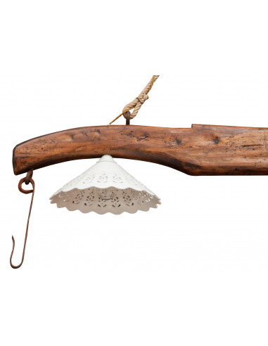 Giogo lampadario in legno massello di tiglio finitura noce: foto particolare paralume e gancio in ferro - Biscottini.it Giogo lampadario in legno massello di tiglio finitura noce: foto particolare paralume e gancio in ferro - Biscottini.it