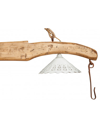 Giogo lampadario in legno massello di tiglio finitura naturale: foto paralume ceramica e gancio in ferro -Biscottini.it Giogo lampadario in legno massello di tiglio finitura naturale: foto paralume ceramica e gancio in ferro -Biscottini.it