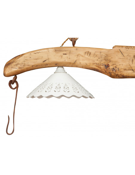 Giogo lampadario in legno massello di tiglio finitura naturale:foto gancio di traino e paralume -Biscottini.it