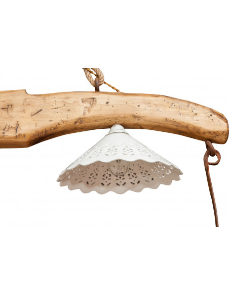 Giogo lampadario in legno massello di tiglio finitura naturale:foto vista paralume ceramica -Biscottini.it