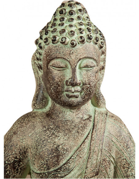 Statuetta di Buddha in gesso dipinto finitura anticata: foto particolare superiore della statua - Biscottini.it
