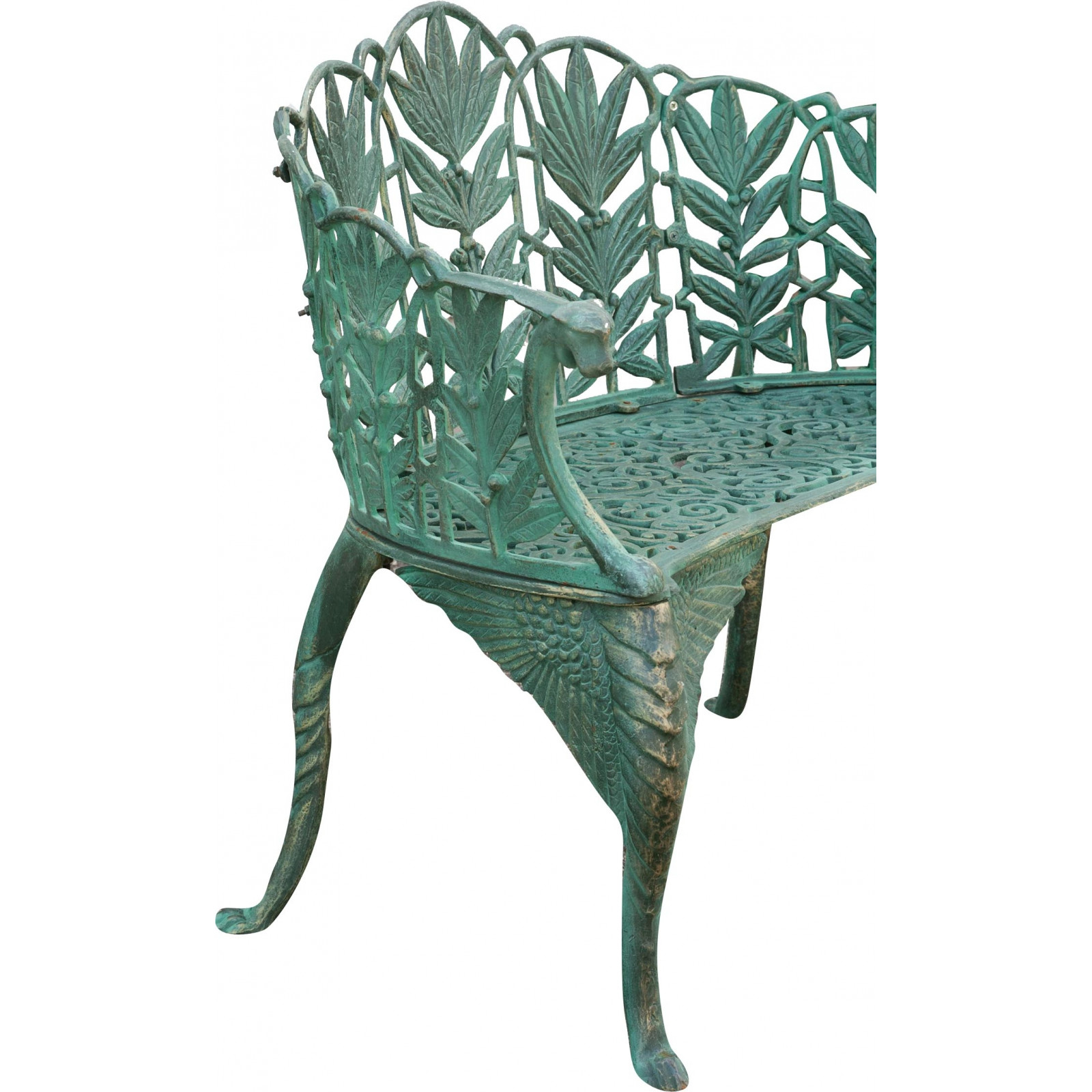 Panchina Liberty in ghisa finitura verde anticata: foto particolare laterale - Biscottini.it Panchina Liberty in ghisa finitura verde anticata: foto particolare laterale - Biscottini.it