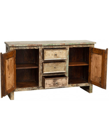 Credenza in legno massiccio riciclato L138XPR36xH84 cm: vista ante e cassetti aperti - Biscottini.it Credenza in legno massiccio riciclato L138XPR36xH84 cm: vista ante e cassetti aperti - Biscottini.it