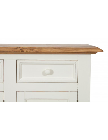 Credenza shabby - country chic in legno massello di tiglio artigianale struttura bianca anticata piano finitura naturale L156xPR Credenza shabby - country chic in legno massello di tiglio artigianale struttura bianca anticata piano finitura naturale L156xPR