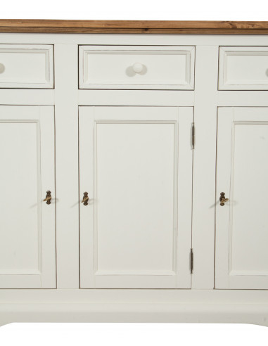 Credenza shabby - country chic in legno massello di tiglio artigianale struttura bianca anticata piano finitura naturale L156xPR Credenza shabby - country chic in legno massello di tiglio artigianale struttura bianca anticata piano finitura naturale L156xPR