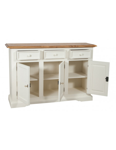 Credenza shabby - country chic in legno massello di tiglio artigianale struttura bianca anticata piano finitura naturale L156xPR