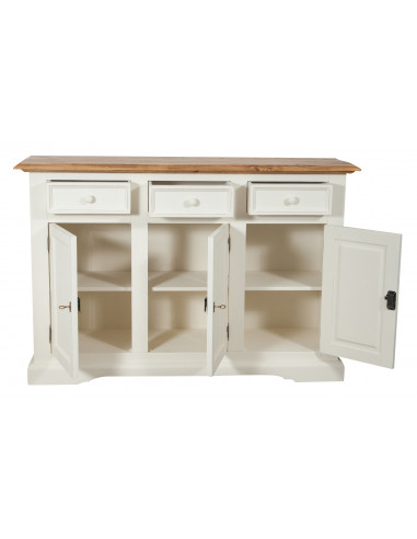 Credenza shabby - country chic in legno massello di tiglio artigianale struttura bianca anticata piano finitura naturale L156xPR Credenza shabby - country chic in legno massello di tiglio artigianale struttura bianca anticata piano finitura naturale L156xPR