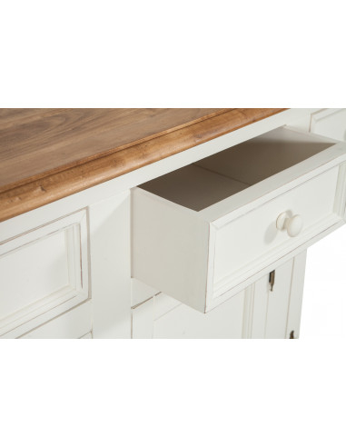 Credenza shabby - country chic in legno massello di tiglio artigianale struttura bianca anticata piano finitura naturale L156xPR Credenza shabby - country chic in legno massello di tiglio artigianale struttura bianca anticata piano finitura naturale L156xPR