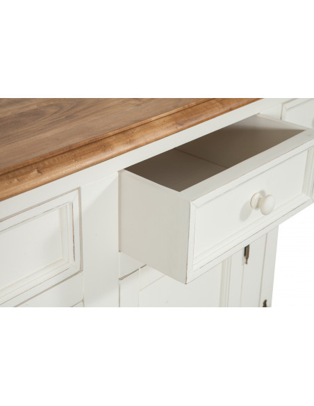 Credenza shabby - country chic in legno massello di tiglio artigianale struttura bianca anticata piano finitura naturale L156xPR