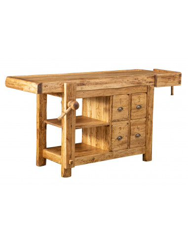 Banco da lavoro Country in legno massello di tiglio finitura naturale 188x78x92 cm. Made in Italy