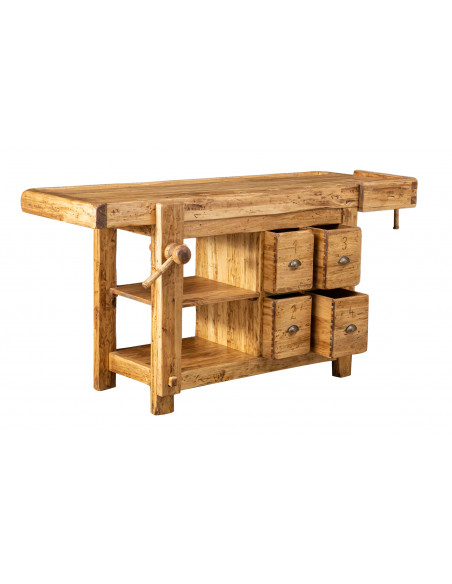 Banco da lavoro Country in legno massello di tiglio finitura naturale 188x78x92 cm. Made in Italy