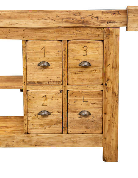 Banco da lavoro Country in legno massello di tiglio finitura naturale 188x78x92 cm. Made in Italy