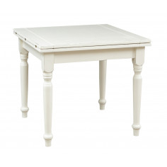 Table à rallonge champêtre en tilleul massif, finition blanche antique L90xPR90xH80 cm