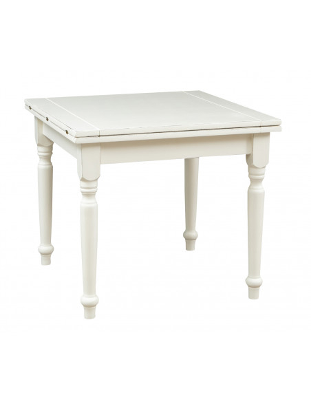 Table à rallonge champêtre en tilleul massif, finition blanche antique L90xPR90xH80 cm