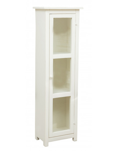 Country-style solid lime wood, antiqued white finish W40xDP25xH130 cm sized display case. Made in Italy