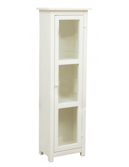 Country-style solid lime wood, antiqued white finish W40xDP25xH130 cm sized display case. Made in Italy