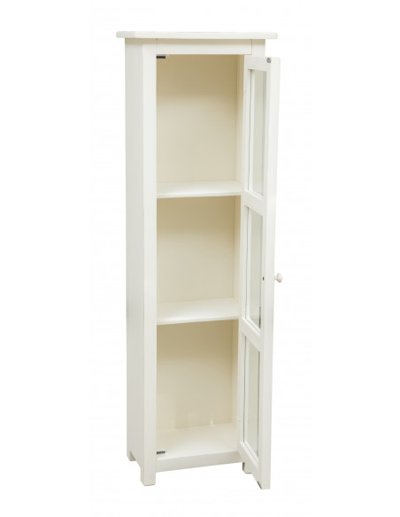 Country-style solid lime wood, antiqued white finish W40xDP25xH130 cm sized display case. Made in Italy