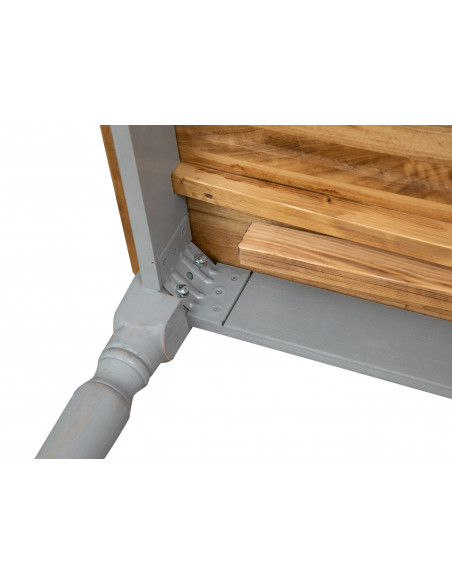 Tavolo allungabile in legno grigio anticato e naturale Made in Italy. Particolare del fissaggio della gamba