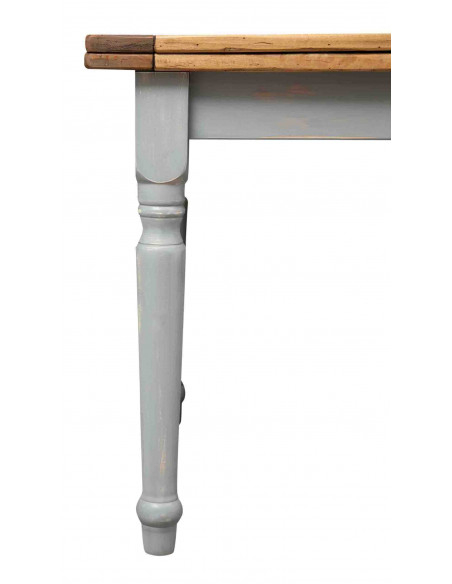 Extendable table in antique gray and natural wood Made in Italy. Side detail with leg