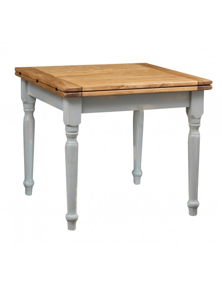 Tavolo allungabile in legno massello di tiglio struttura grigio anticato piano finitura naturale L90xPR90xH80 cm. Made in Italy