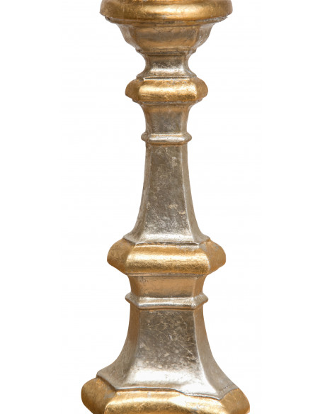 CASTIÇAL DE MADEIRA COM ACABAMENTO EM FOLHA PRATA E OURO L19XDP19XH40 CM