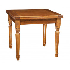 Table à rallonge style champêtre en bois massif de tilleul massif, finition noyer L90xPR90xH80 cm