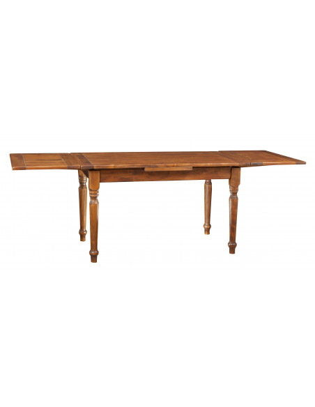 Extendable table in solid linden wood walnut finish: view with open extensions. By Biscottini