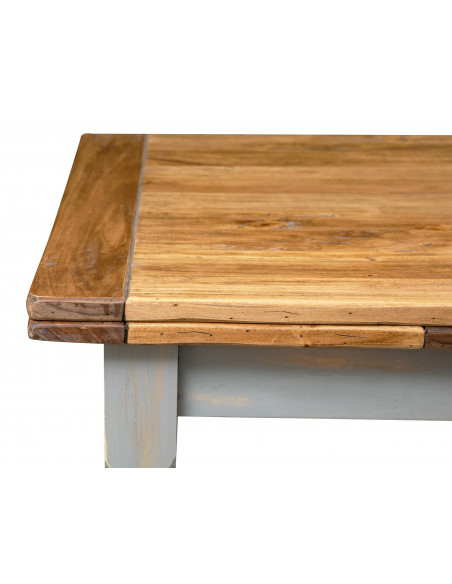 Table à rallonge en bois de tilleul gris-naturel massif: vue latérale. Fait à la main par Biscottini
