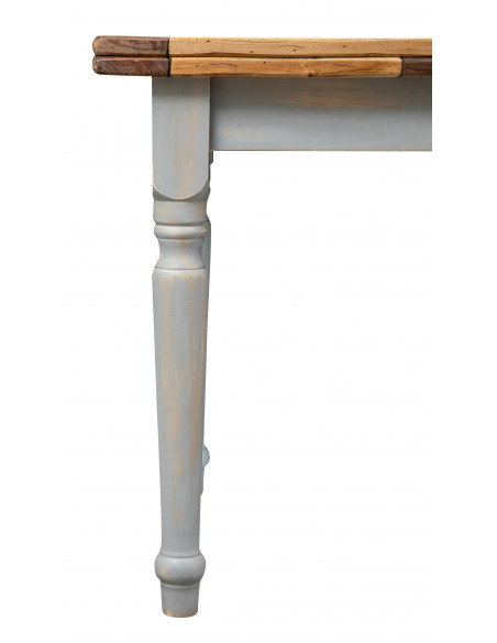 Table à rallonge en bois de tilleul gris-naturel massif: pied particulier. Fait à la main par Biscottini