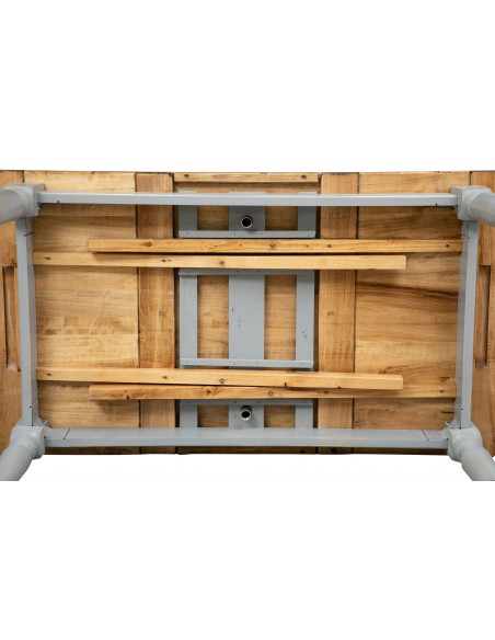 Table à rallonge en bois de tilleul gris-naturel massif: vue du dessous. Fait à la main par Biscottini