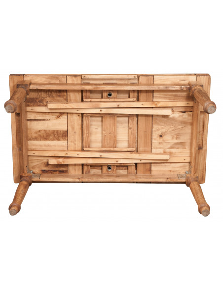 Mesa extensible rectangular de madera maciza, hecha a mano, Made in Italy. Vista de la estructura y mecanismo de extensión.