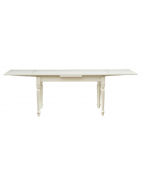Shabby mesa extensible en madera blanca, completamente abierta. por Biscottini