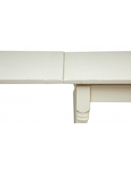 Shabby extendable table in white wood: detail of the top with the open extension. By Biscottini