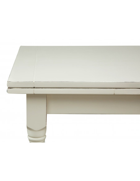 Shabby mesa extensible en madera blanca: detalle lateral. Por Biscottni