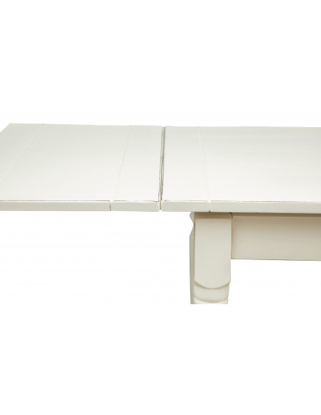 Country-style solid lime wood antiqued white finish W120xDP80xH80 cm sized extensible table. Made in Italy