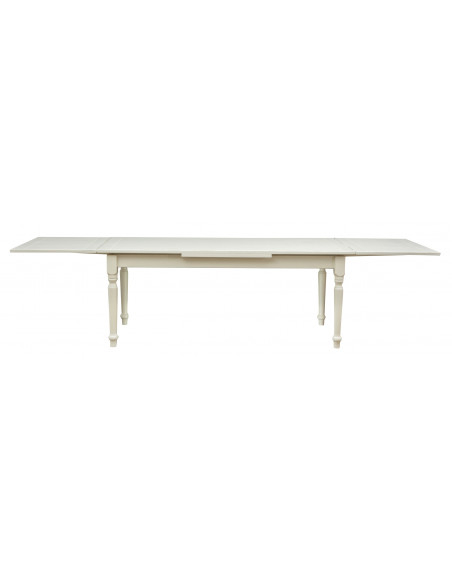 Country-style solid lime wood antiqued white finish W200XDP90XH80 cm sized extensible table. Made in Italy