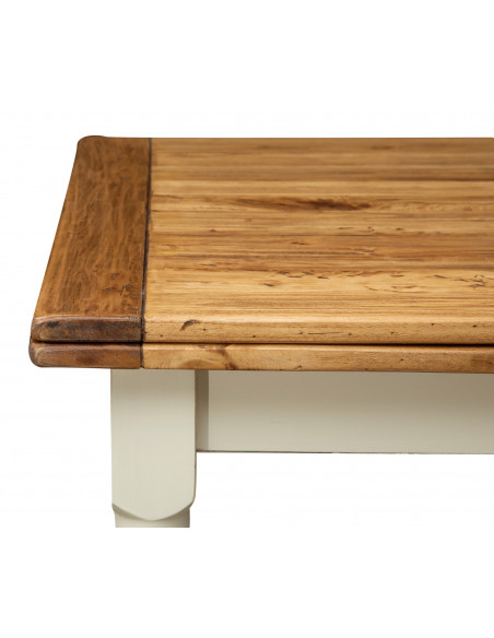 Mesa extensível artesanal Country Made in Italy em madeira maciça branca natural. Detalhe lateral com extensão fechada