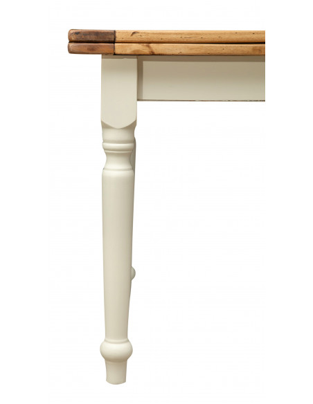 Mesa extensível artesanal Country Made in Italy em madeira maciça branca natural. Detalhe da perna
