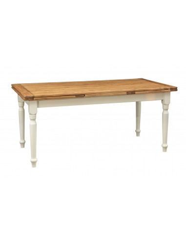 Tavolo bianco-naturale  in legno massello con due allunghe laterali.